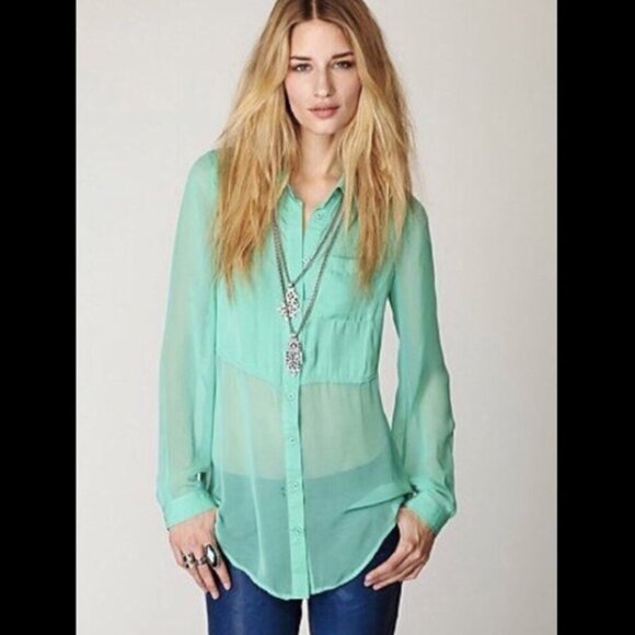 Free People Green Sheer Panels Long Sleeves Relaxed Fit Button-Up Blouse - S - Picture 1 of 10